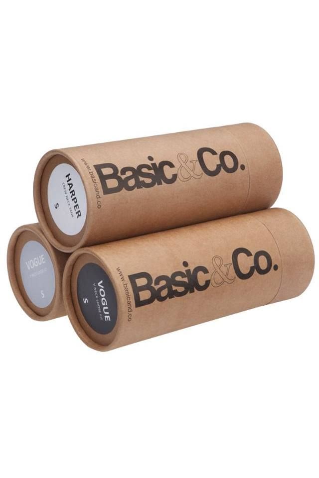 Kraft paper apparel packaging tubes with Basic and Co branding