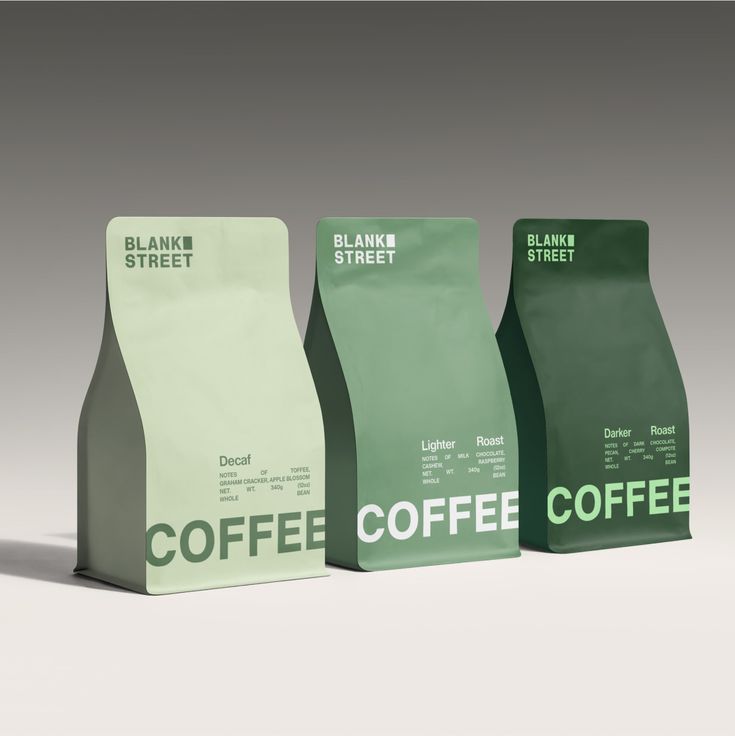 Blank Street coffee stand-up pouches in green color variants