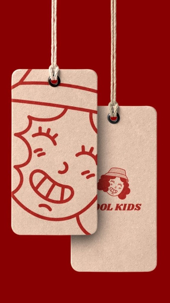 COOL KIDS custom textured hang tags with red cartoon branding