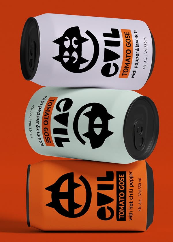 Evil Tomato Gose craft beverage cans with bold label design
