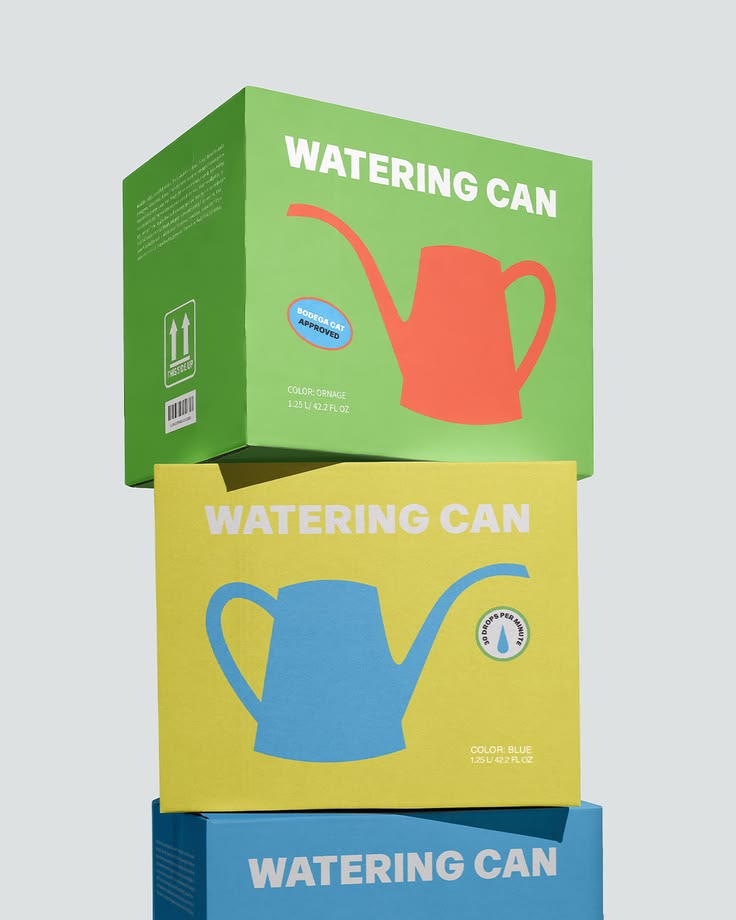 Colorful minimalist watering can product boxes in green, yellow, and blue